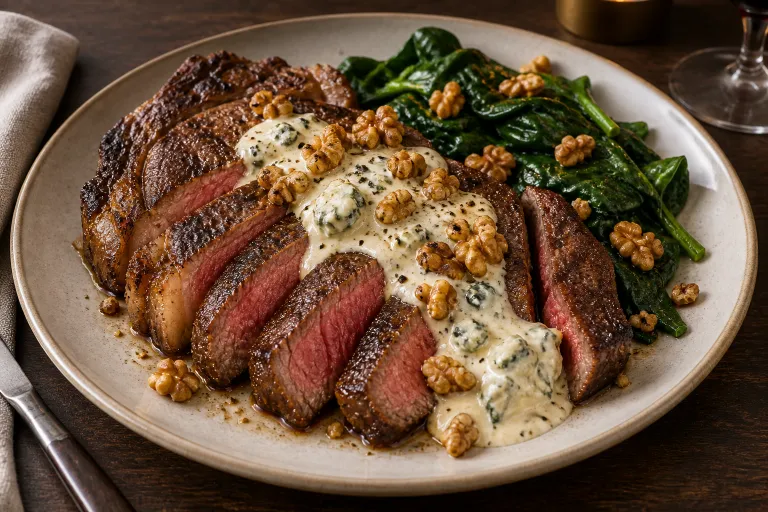 Blue-cheese ribeye & walnuts · finished dish