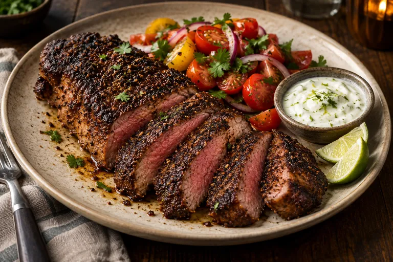 Cajun-blackened striploin · finished dish