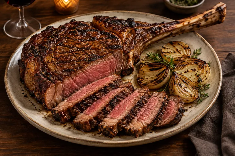 Fire-grilled cowboy ribeye · finished dish