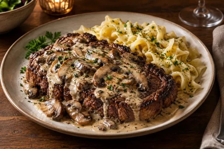 Mushroom-cream chuck-eye steak · finished dish
