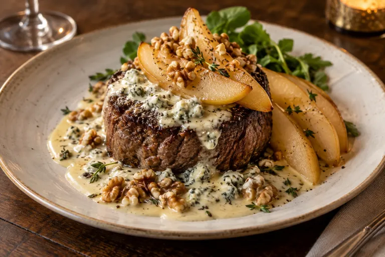 Filet with gorgonzola & pear · finished dish