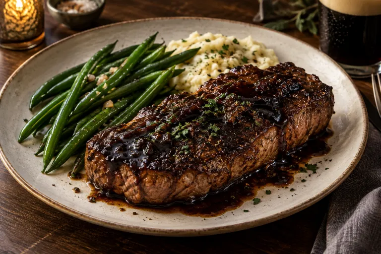 Stout-glazed striploin · finished dish