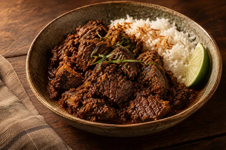 Coconut-spice beef rendang · finished dish