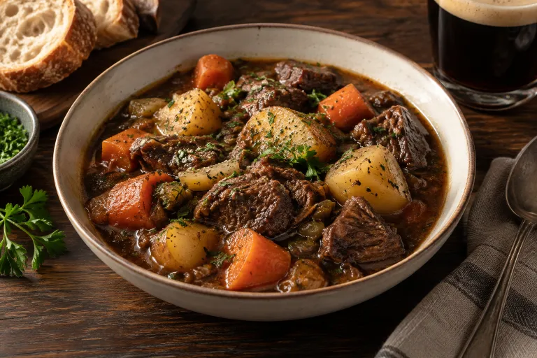 Guinness-style beef & root stew · finished dish