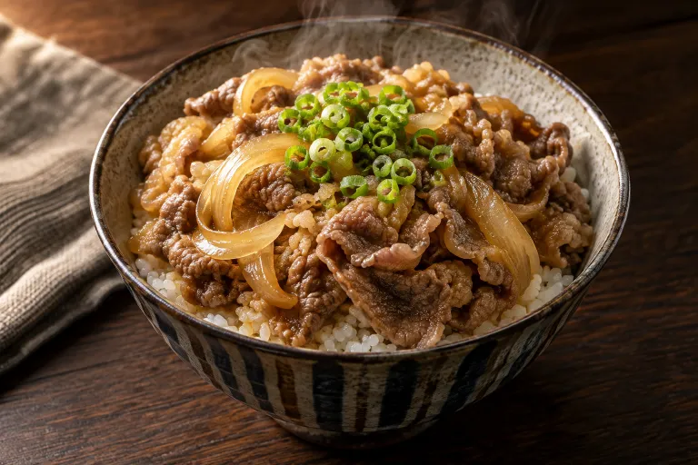 Onion-simmered beef rice bowl · finished dish