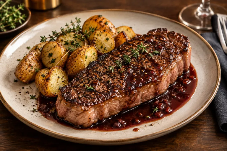 New York strip with red-wine jus · finished dish