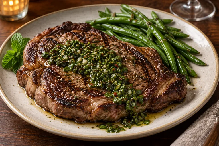 Ribeye with mint chimichurri · finished dish