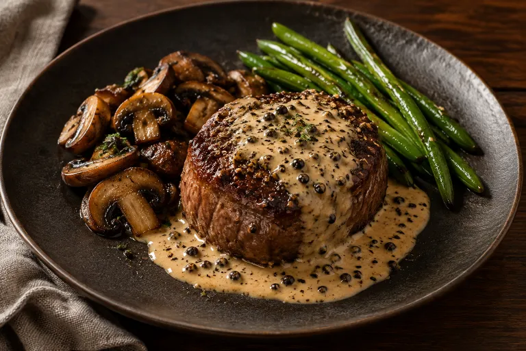 Peppercorn filet with mushrooms · finished dish