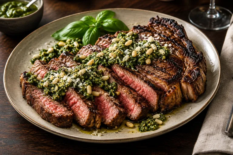 Grilled ribeye with basil pesto · finished dish