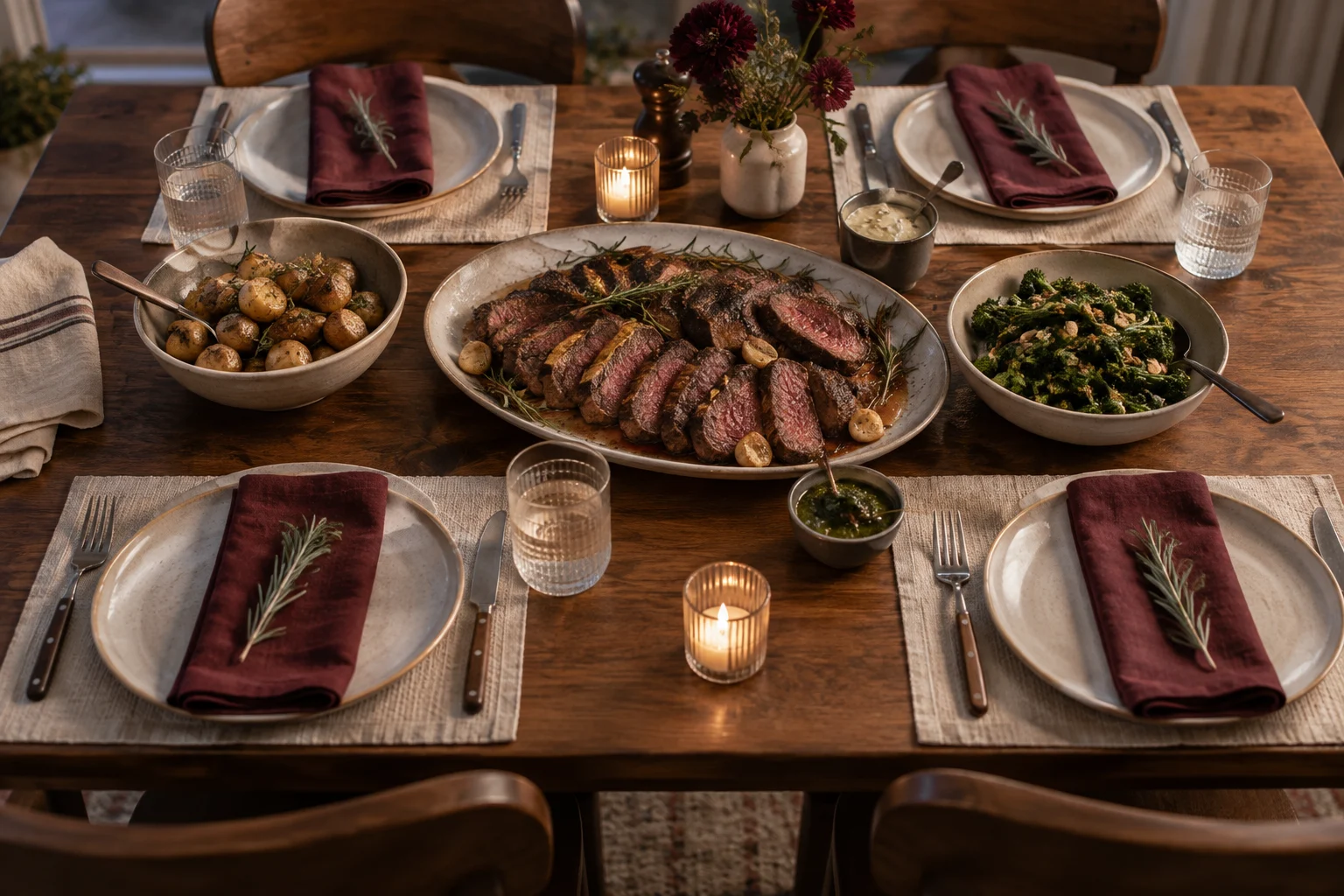 A shared steak dinner around the table