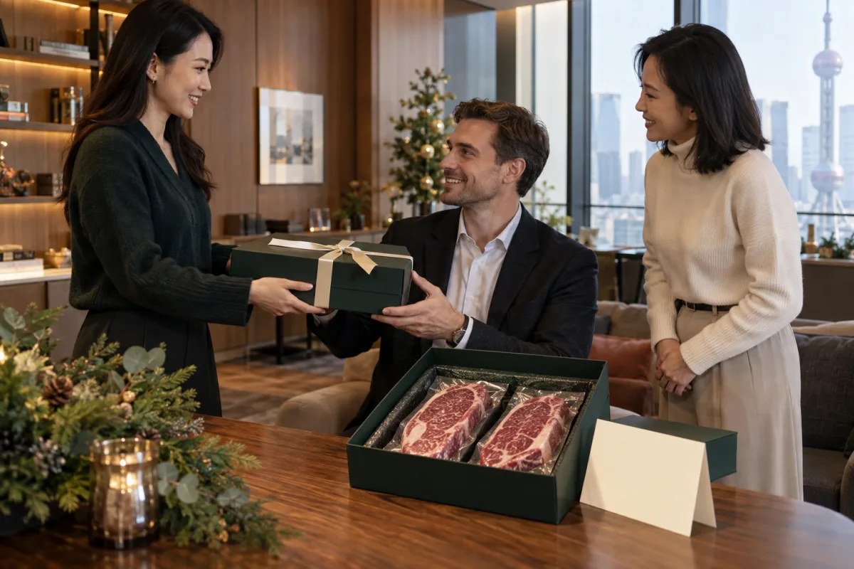 Colleagues sharing a premium steak-gifting moment before the holidays