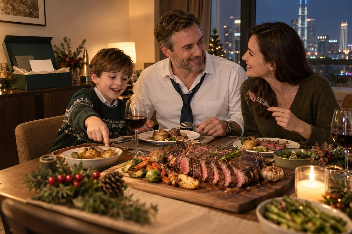An expatriate employee sharing a holiday steak dinner with a partner and child at home in China