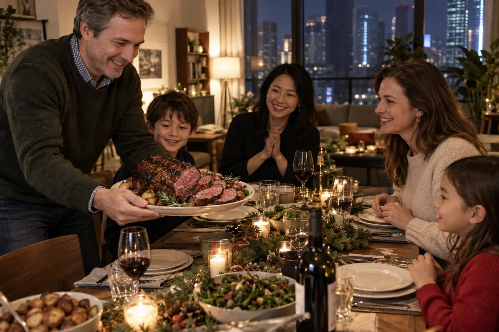 An expatriate family sharing roast beef during the holidays in China