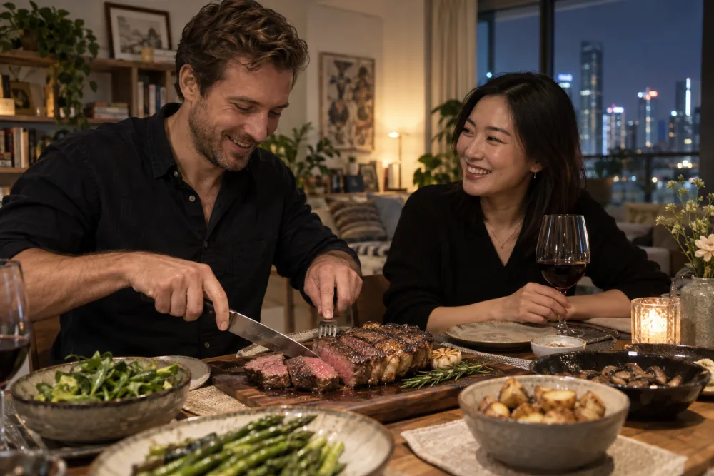 Friends sharing freshly carved steak at a relaxed dinner at home
