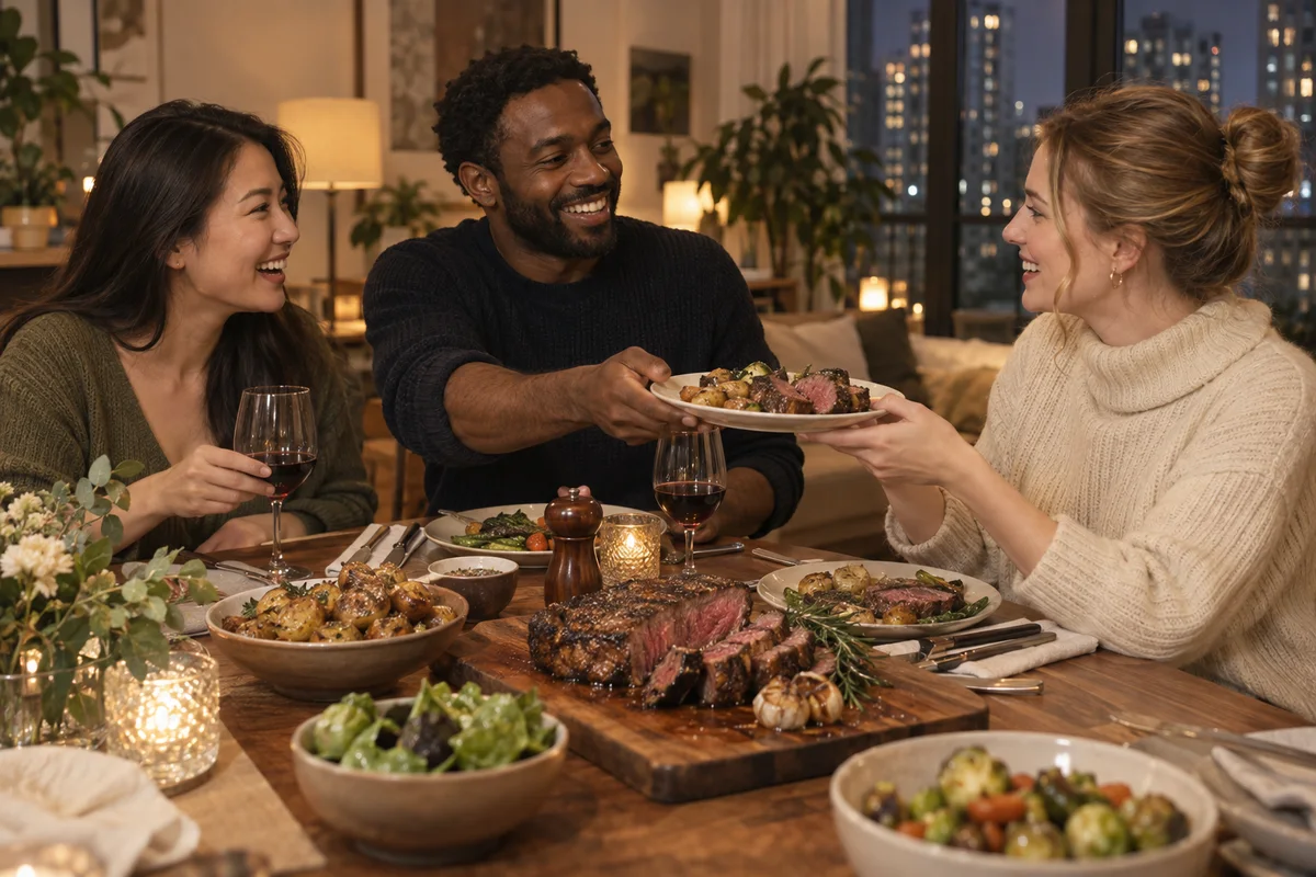 Friends passing freshly carved steak around a welcoming dinner table in China
