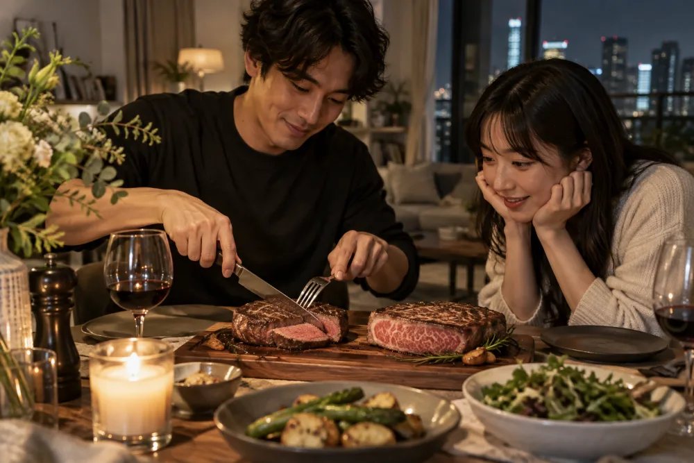 Two friends comparing and sharing steaks over dinner
